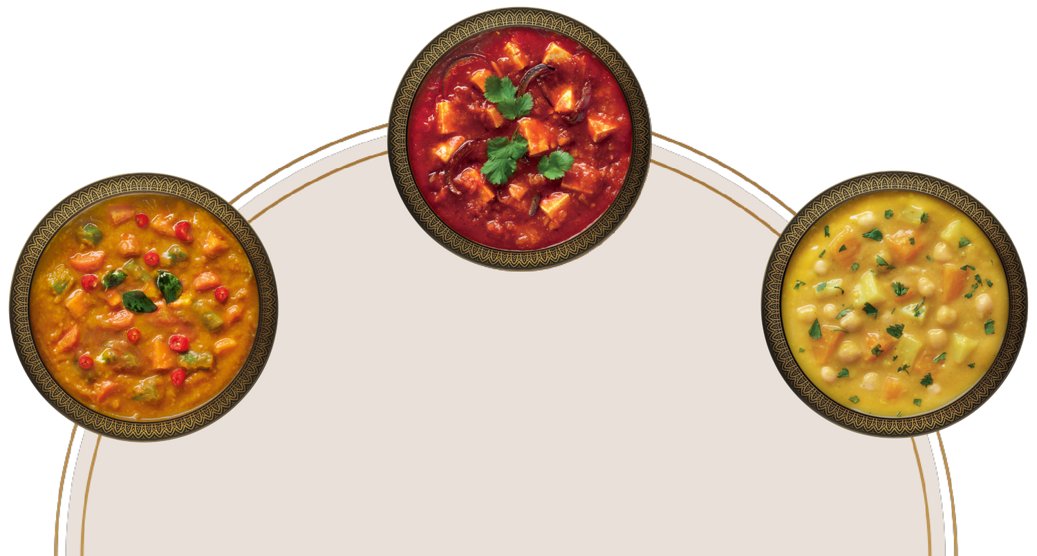 Half a circle with a gold rim. Around the circle there are 3 ornamented gold dishes, each with one of the rich and creamy Raasa Indian Curries. First, Rich sambar, in the middle Majestic Kadai Curry and to the right, Royal Korma